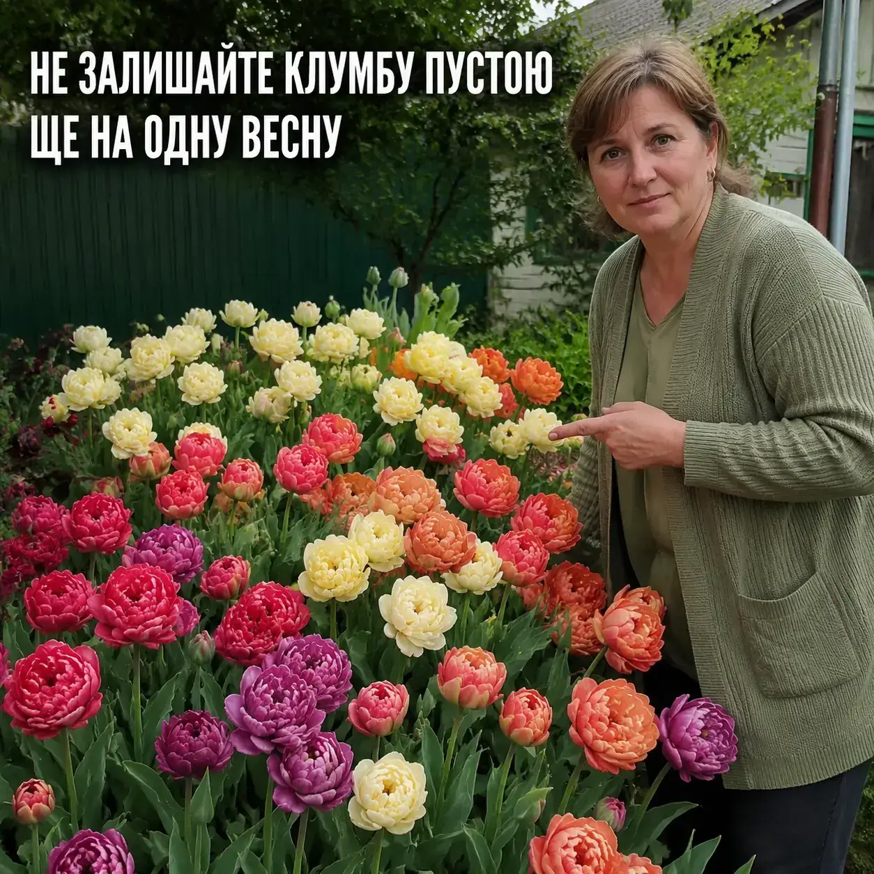 Пишні махрові та багатоквіткові тюльпани на клумбі